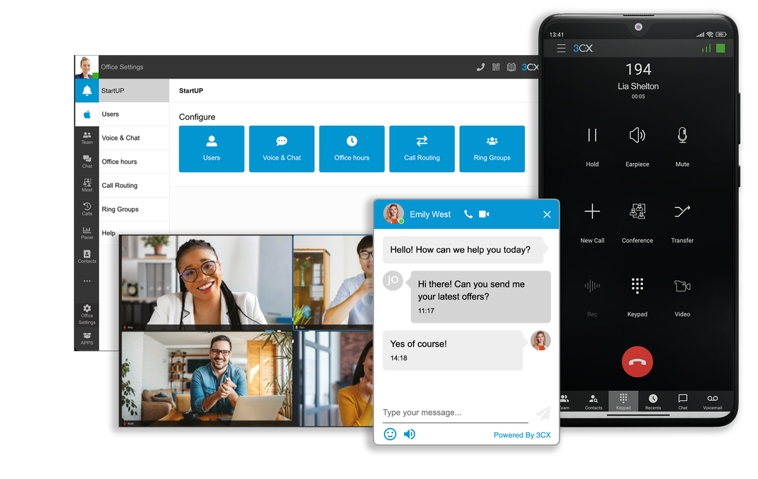 Painel de configuração, videoconferência e chat do 3CX
