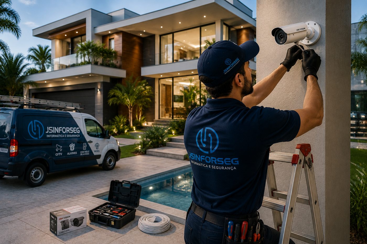 Técnico da JS INFORSEG instalando câmera CFTV em casa de alto padrão