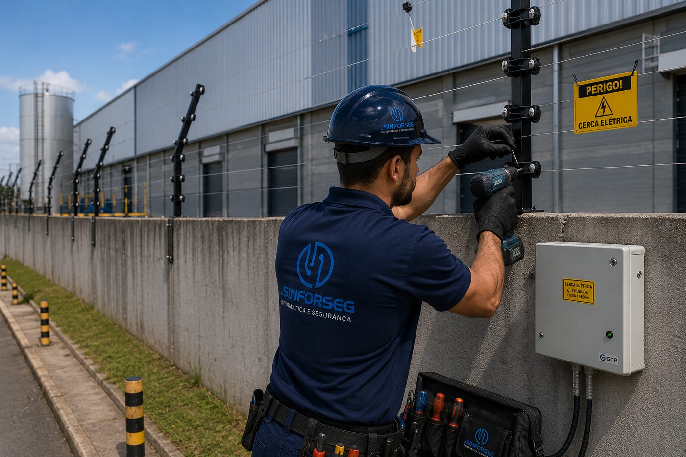 Técnico da JS INFORSEG instalando cerca elétrica em parque industrial