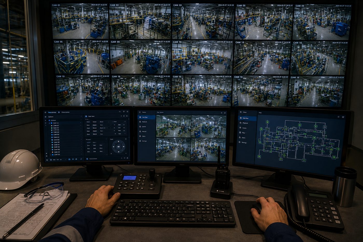 Central de monitoramento industrial com múltiplas câmeras