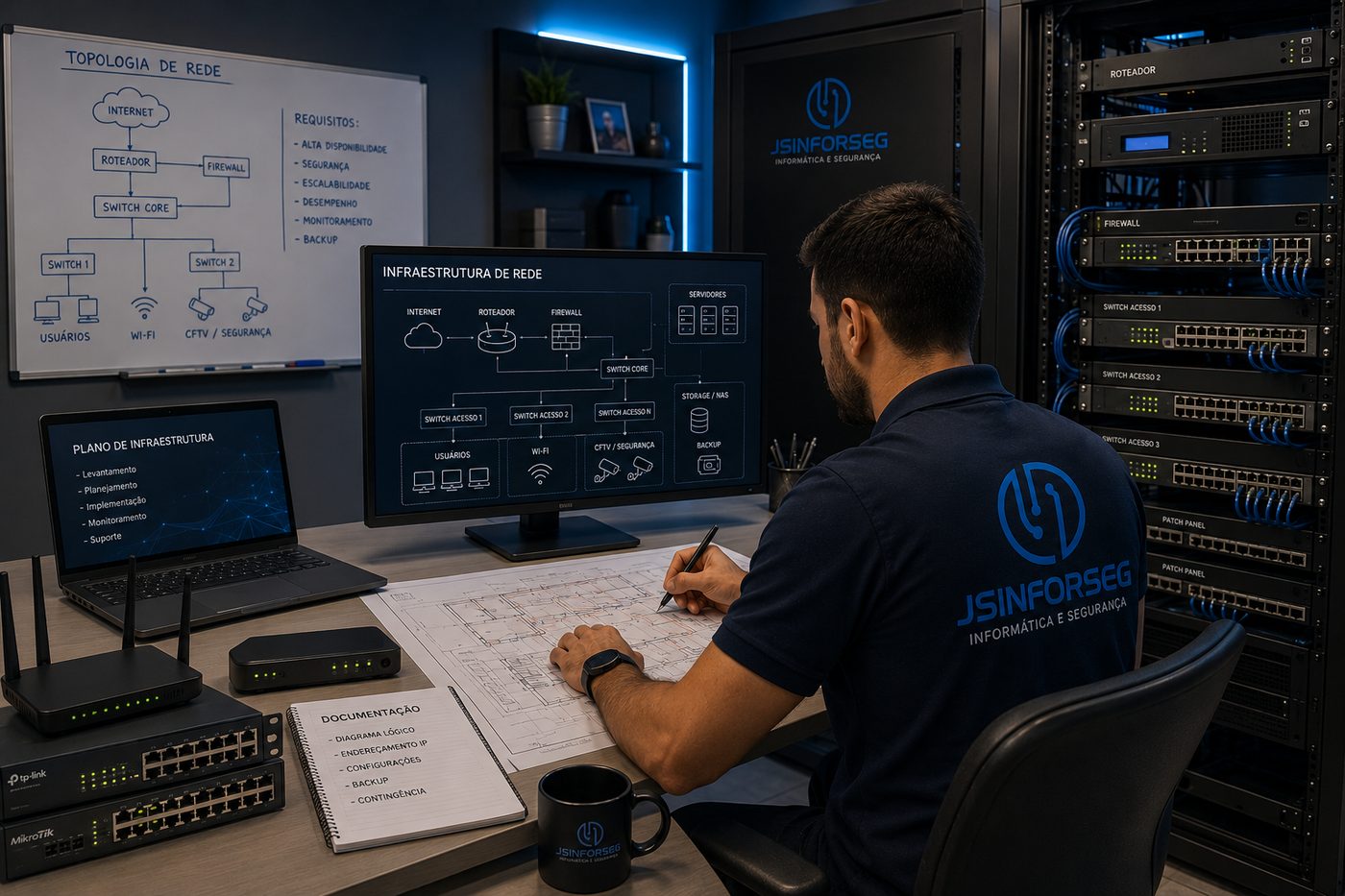 Rack de servidores e infraestrutura de rede corporativa JS INFORSEG